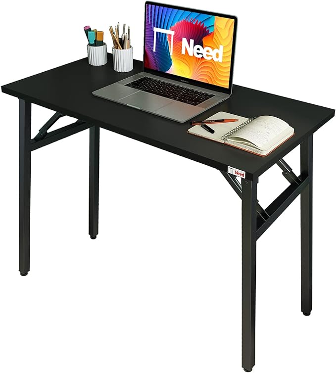 Need Folding Desk - 31 1/2" No Assembly Foldable Small Computer Table,Sturdy and Heavy Duty Writing Desk for Small Spaces, Black&Black Frame - LeafyLoom