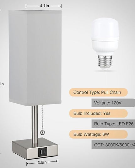 Grey Small Table Lamp for Bedroom - 3 Color Temperature 3000K 5000K 4000K Bedside Lamp, Pull Chain Control, USB A and C Charging Ports, Silver Base, for Kids Office Dorm nightstand, Bulb Included - LeafyLoom