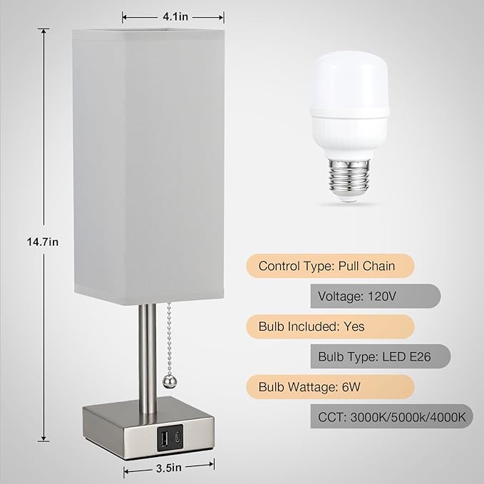 Grey Small Table Lamp for Bedroom - 3 Color Temperature 3000K 5000K 4000K Bedside Lamp, Pull Chain Control, USB A and C Charging Ports, Silver Base, for Kids Office Dorm nightstand, Bulb Included - LeafyLoom