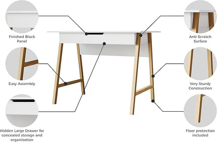 PARMA 42 Inch Modern Desk - Home & Office Small Computer Desk with Wide Drawer - Wooden Study Writing Minimalist Desk with Storage for Small Space, Bedroom & Workstations - Student Desk/Table (White) - LeafyLoom