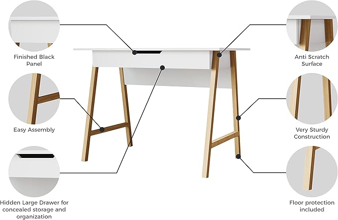 PARMA 42 Inch Modern Desk - Home & Office Small Computer Desk with Wide Drawer - Wooden Study Writing Minimalist Desk with Storage for Small Space, Bedroom & Workstations - Student Desk/Table (White) - LeafyLoom