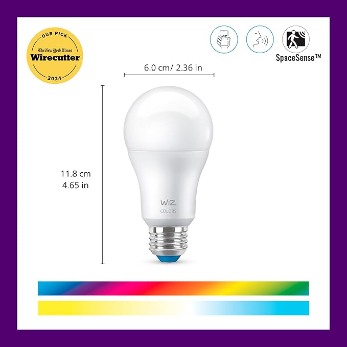 WiZ Connected 60W A19 LED Smart Light Bulbs - Connects to Your Wi-Fi - E26 Smart Bulb - Control with Voice or App + Activate with Motion - Matter Compatible - 2 Pack WiZConnectedLighting