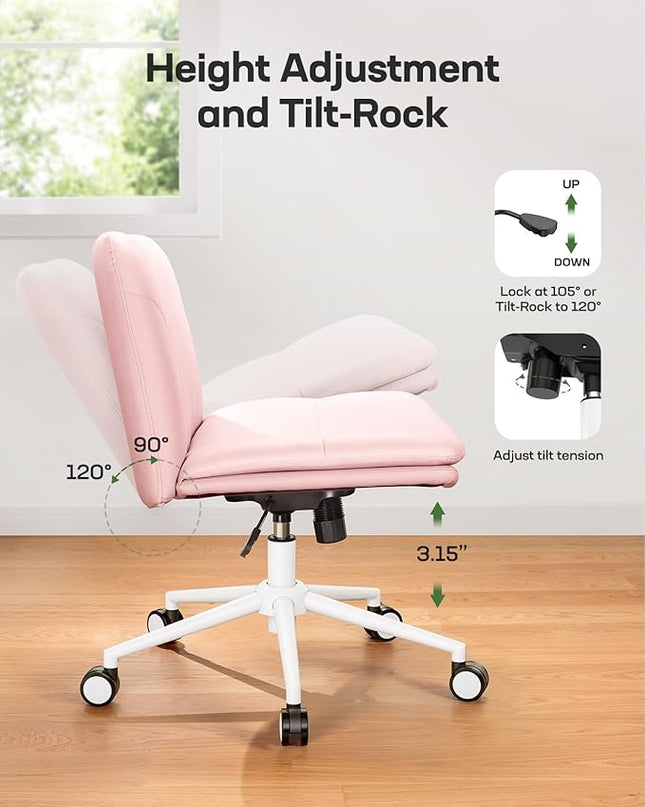 Marsail Armless-Office Desk Chair with Wheels: PU Leather Cross Legged Wide Chair,Comfortable Adjustable Swivel Computer Task Chairs for Home,Office,Make Up,Small Space,Bed Room, Pink - LeafyLoom