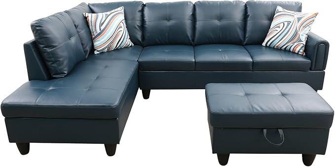 ROOMTEC Button 3 Piece L Shape Sectional Sofa Set, Upholstered Corner Couch with Storage Ottoman, Faux Leather Tufted Cushions, for Living Room, Apartment, 97inch, Denim w/Left Chaise Lounge - LeafyLoom