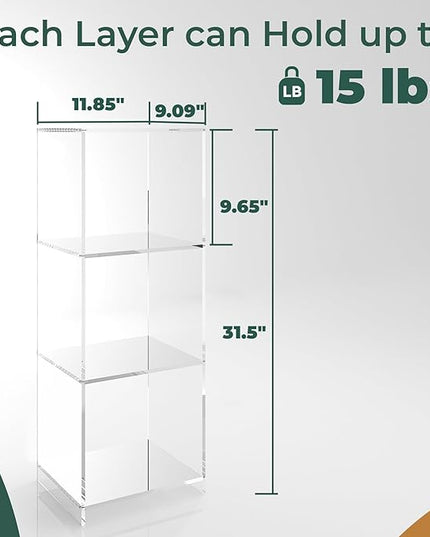 Acrylic Bookcase, 3 Tier Clear Floor Standing Bookshelf, 31.5 inch Tall Display Cube Storage Shelf Home Decor Furniture for Home, Office, Living Room, Bedroom - LeafyLoom