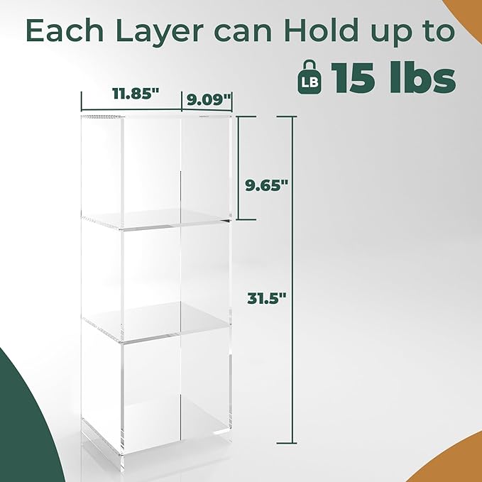 Acrylic Bookcase, 3 Tier Clear Floor Standing Bookshelf, 31.5 inch Tall Display Cube Storage Shelf Home Decor Furniture for Home, Office, Living Room, Bedroom - LeafyLoom