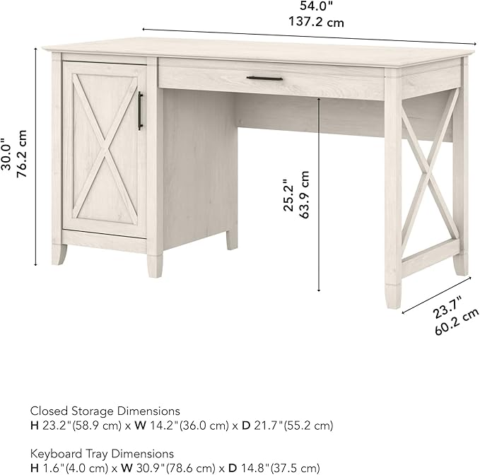 Bush Furniture Key West Computer Desk with Storage | Farmhouse PC Table for Home Office in Linen White Oak | 54W x 24D - LeafyLoom