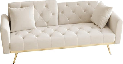 Velvet Upholstered Modern Convertible Futon Couch Folding Sofa Bed Recliner Lounge Loveseat Daybed Sofacama with Adjustable Backrest and Golden Legs for Small RV Living Room Office, Beige 68.3" - LeafyLoom