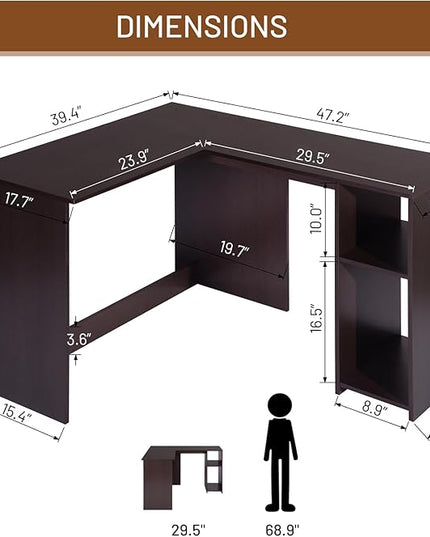 FurnitureR 47.2-Inch L-Shaped Computer Desk Home Office Study Writing Corner Gaming Table Retro Design Work Station Space-Saving for Study Room Bedroom, Brown - LeafyLoom