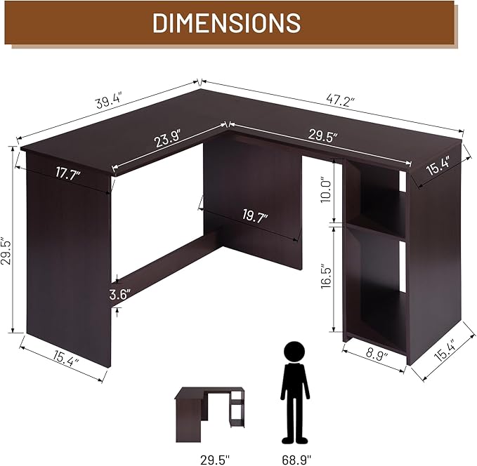 FurnitureR 47.2-Inch L-Shaped Computer Desk Home Office Study Writing Corner Gaming Table Retro Design Work Station Space-Saving for Study Room Bedroom, Brown - LeafyLoom