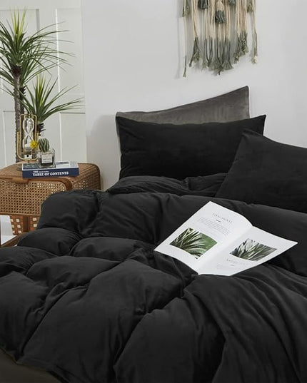 Wellboo Black Velvet Comforter Sets California King Solid Black Fluffy Bedding Comforters Cal King Solid Color Flannel Quilt Women Men Plain Black Comforters Micromink Sherpa Fuzzy Warm Bed Plush - LeafyLoom