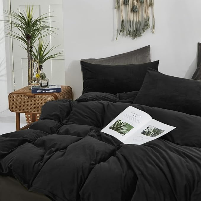 Wellboo Black Velvet Comforter Sets California King Solid Black Fluffy Bedding Comforters Cal King Solid Color Flannel Quilt Women Men Plain Black Comforters Micromink Sherpa Fuzzy Warm Bed Plush - LeafyLoom