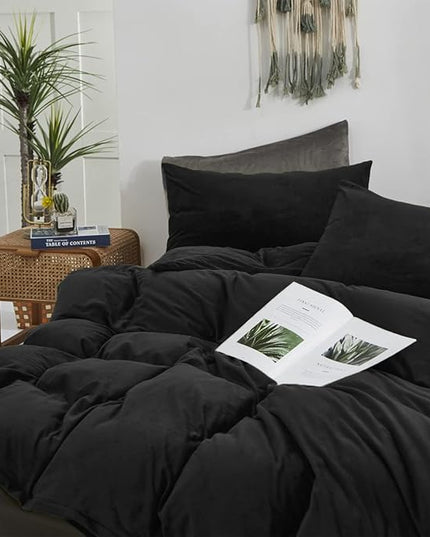 Wellboo Black Velvet Comforter Sets Full Solid Black Fluffy Bedding Comforters Women Men Plain Dark Color Flannel Quilt Modern Minimalist All Black Comforters Full Size Micromink Sherpa Plush Bedding - LeafyLoom