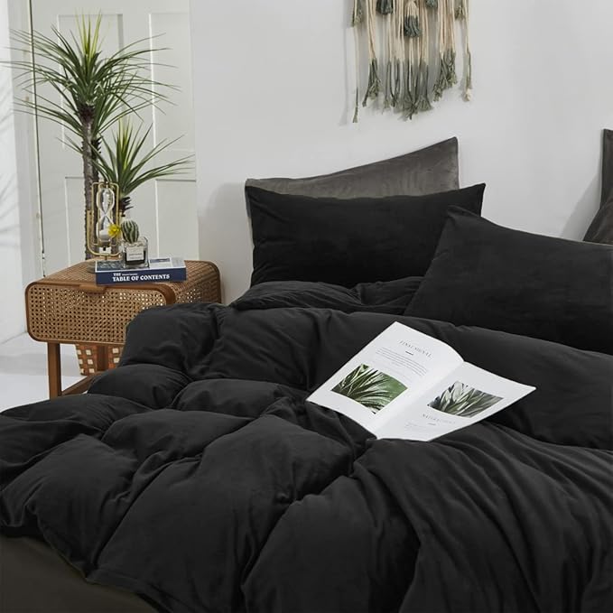 Wellboo Black Velvet Comforter Sets Full Solid Black Fluffy Bedding Comforters Women Men Plain Dark Color Flannel Quilt Modern Minimalist All Black Comforters Full Size Micromink Sherpa Plush Bedding - LeafyLoom