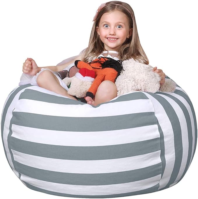 WEKAPO Stuffed Animal Storage Bean Bag Chair Cover for Kids | Stuffable Zipper Beanbag for Organizing Children Plush Toys Large Premium Cotton Canvas (Gray, X-Large) - LeafyLoom