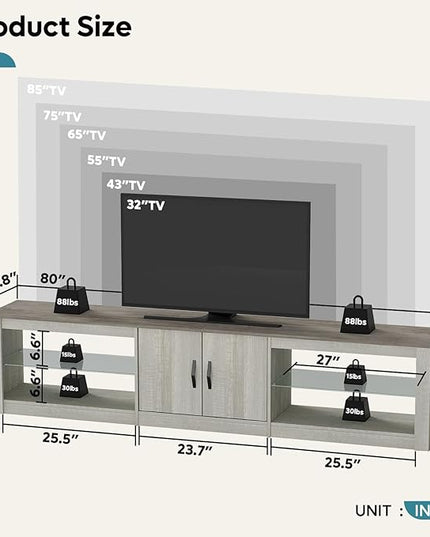 Bestier 80 Inch TV Stand for Large TVs 55/65/75/85/ inch, LED Entertainment Center with Two Cabinets, Adjustable Glass Shelves ＆ Cable Management, Gaming Tv Console for Living Room, Wash White - LeafyLoom