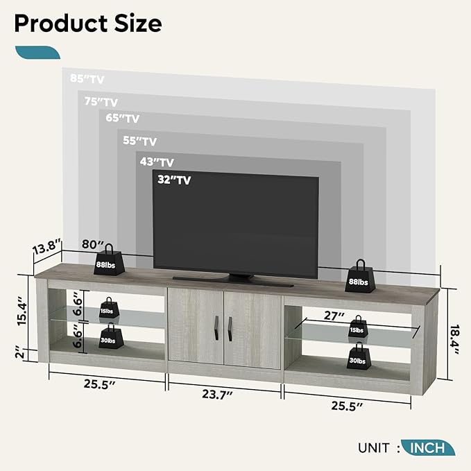 Bestier 80 Inch TV Stand for Large TVs 55/65/75/85/ inch, LED Entertainment Center with Two Cabinets, Adjustable Glass Shelves ＆ Cable Management, Gaming Tv Console for Living Room, Wash White - LeafyLoom