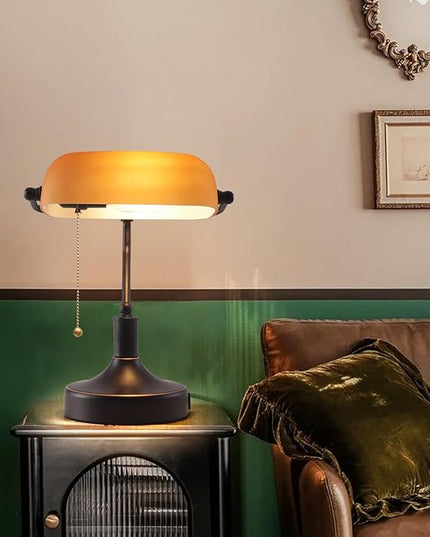 Vintage Bankers Desk Lamp with Pull Chain Switch, Traditional Desk Lamp with USB A and Type C Charging Port, Oil Rubbed Bronze Table Lamp with Amber Glass Shade for Office, Library, Study Room - LeafyLoom