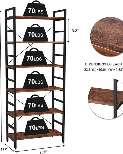 6 Tier Industrial Bookcase Shelf,Tall Bookshelf Industrial Corner Storage Organizer for Bedroom/Living Room/Home Office - Rustic Brown Modern Book Shelf for Books and Movies - LeafyLoom