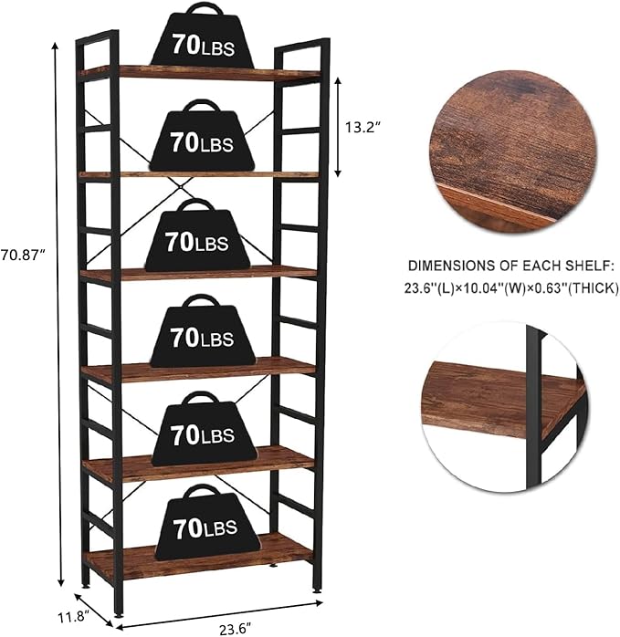 6 Tier Industrial Bookcase Shelf,Tall Bookshelf Industrial Corner Storage Organizer for Bedroom/Living Room/Home Office - Rustic Brown Modern Book Shelf for Books and Movies - LeafyLoom