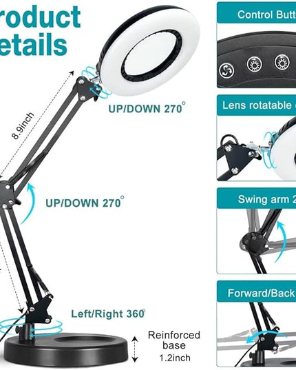 2-in-1 Table Magnifying Glass with Light and Stand 10X15X Magnifying Lamp Magnifying Glasses with Light-5 Color Modes Stepless Dimmable Real Glass Magnifying Glass - LeafyLoom