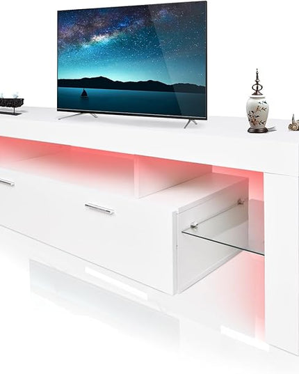 LED TV Stand for Televisions up to 65 inches, Entertainment Center and Media Console with Storage Drawers and Glass Shelves for Living Room, Bedroom - LeafyLoom