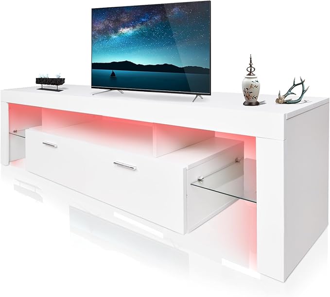 LED TV Stand for Televisions up to 65 inches, Entertainment Center and Media Console with Storage Drawers and Glass Shelves for Living Room, Bedroom - LeafyLoom