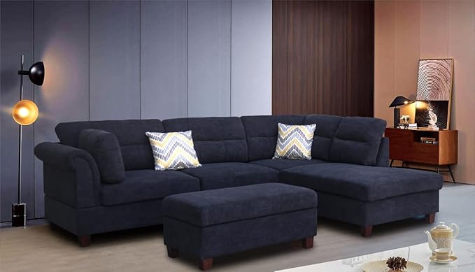 LOVMOR 103.5'' L-Shape Sectional Sofa with Right Facing Chaise, Storage Ottoman, and 2 Accent Pillows, for Living Room, Home Furniture, Apartment, Dorm, Black, 103.5 Inch - LeafyLoom