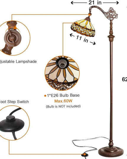 Capulina Tiffany Floor Lamp Antique Amber Melody Style Stained Glass Soft Light Arched Gooseneck Adjustable Angle Reading Floor Lamp for Living Room Bedroom Home Office - LeafyLoom