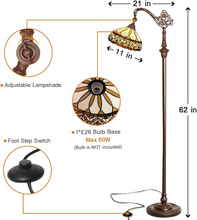 Capulina Tiffany Floor Lamp Antique Amber Melody Style Stained Glass Soft Light Arched Gooseneck Adjustable Angle Reading Floor Lamp for Living Room Bedroom Home Office - LeafyLoom