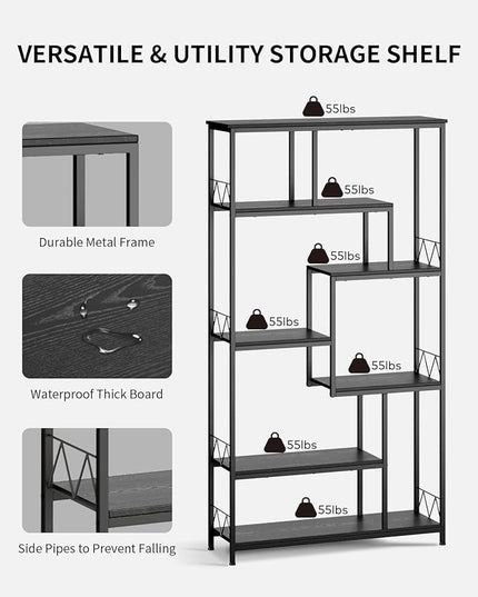 Gizoon 71” Industrial Bookshelves for Storage, Tall Display Etagere 8-Shelves for Bedroom, Metal Frame Staggered Bookcases for Bedroom, Living Room, Home Office, Black - LeafyLoom