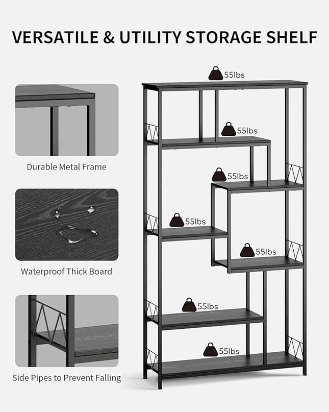 Gizoon 71” Industrial Bookshelves for Storage, Tall Display Etagere 8-Shelves for Bedroom, Metal Frame Staggered Bookcases for Bedroom, Living Room, Home Office, Black - LeafyLoom