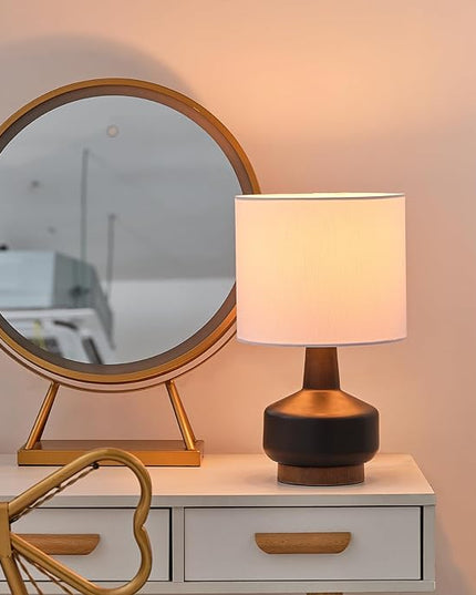 Globe Electric 61000046 15" Ceramic Table Lamp, Matte Black, Wood Toned Base, White Linen Shade, On/Off Rotary Switch on Socket, Living Room, Home Décor, Bedroom - LeafyLoom