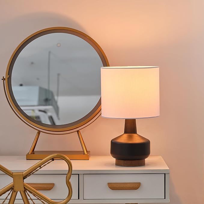 Globe Electric 61000046 15" Ceramic Table Lamp, Matte Black, Wood Toned Base, White Linen Shade, On/Off Rotary Switch on Socket, Living Room, Home Décor, Bedroom - LeafyLoom