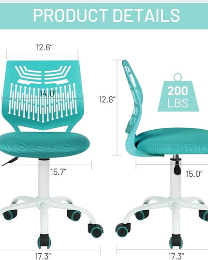 FurnitureR Desk Chair Armless Home Office Task Chair with Mesh Padded Cushion Swivel Study Chair with Rolling Wheels for Kids Teens Children, Turquoise - LeafyLoom