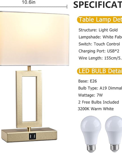 Set of 2 Table Lamps with Dual USB Ports,Touch Control for Bedside and Nightstand in Bedroom, 3-Way Dimmable Modern for Desk, Living Room, Office, LED Bulbs Included, Gold&White - LeafyLoom