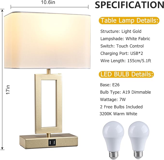 Set of 2 Table Lamps with Dual USB Ports,Touch Control for Bedside and Nightstand in Bedroom, 3-Way Dimmable Modern for Desk, Living Room, Office, LED Bulbs Included, Gold&White - LeafyLoom