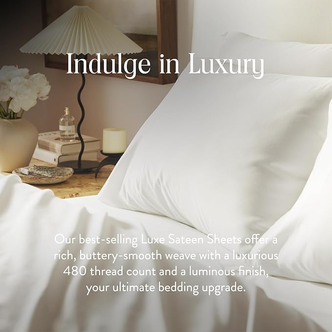 Brooklinen Luxury Sateen 4 Piece Twin XL Sheets Set in White - 100% Cotton Sateen Sheets - 1 Fitted Sheet, 1 Flat Sheet, 2 Pillowcases - Best Luxury Sheets Brooklinen
