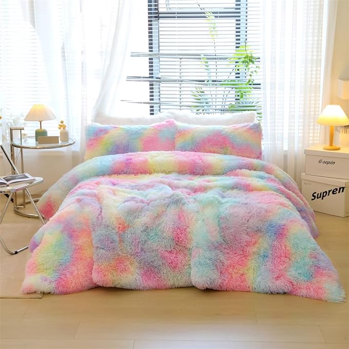 Faux Fur Kids Girls Cow Print Comforter Sets Twin/Full - 3PC Bed Set Warm Comfortable Soft Plush Flannel Velvet Fluffy Fuzzy Bedding（Comforter x 1 Pillowcases x 2） - LeafyLoom