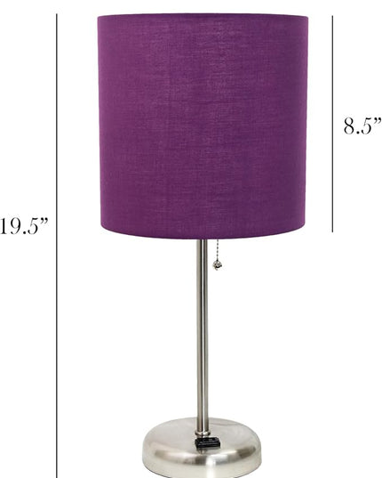 Simple Designs LT1144-PRP Sleek and Slender Brushed Steel Table Lamp with Charging Outlet, for Bedroom, Living Room, Entryway, Office, Dining Room, Study, Purple Shade - LeafyLoom