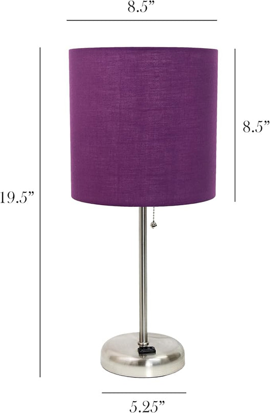 Simple Designs LT1144-PRP Sleek and Slender Brushed Steel Table Lamp with Charging Outlet, for Bedroom, Living Room, Entryway, Office, Dining Room, Study, Purple Shade - LeafyLoom
