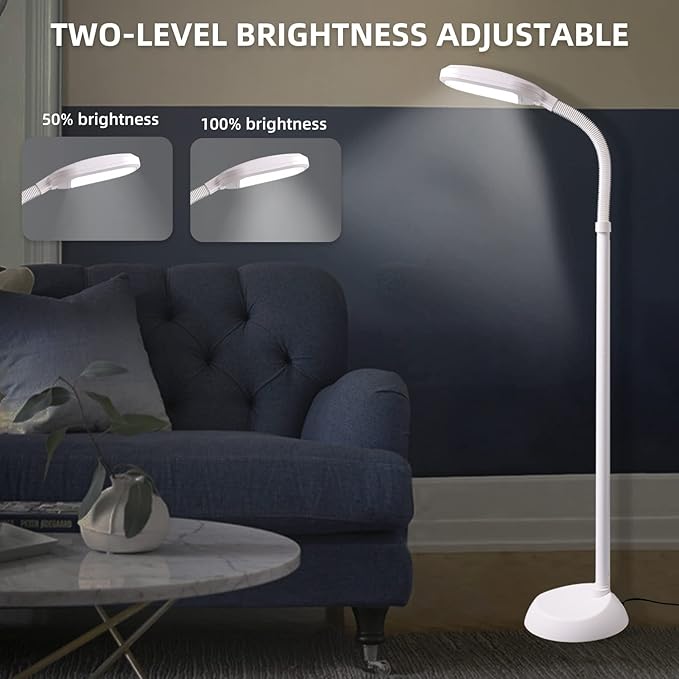 Bright LED Floor Lamp with HI-Off-Low Switch 2-Level Brightness 12W 63 Inches Tall for Living Room & Bedroom Reading, Repair, Crafts, Sewing etc. (White) - LeafyLoom