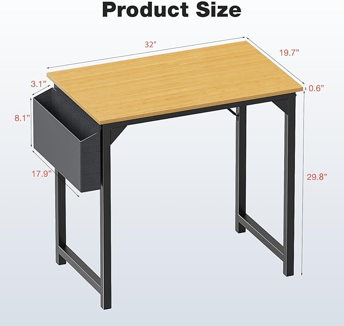 OLIXIS Computer Small Desk 32 Inch Home Office Writing Study Work Storage Bag Headphone Hooks Simple Wood Kids Student Table, Modern Nature - LeafyLoom