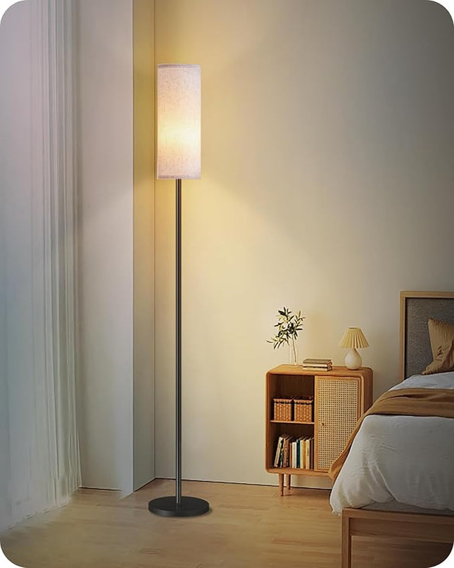 Dimmable Floor Lamp for Living Room, Corner Floor Lamp with Remote, 66'' Standing Tall Lamp, Linen Lampshade, 10W 800LM LED Bulb for Bedroom Study, FCC Listed Black and White W06LD05 - LeafyLoom