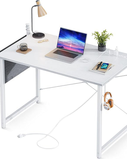 AODK 32 inch Small Computer Desk with Power Outlet for Small Spaces Home Office Student Laptop PC Writing Desks with Storage Bag Headphone Hook, White - LeafyLoom