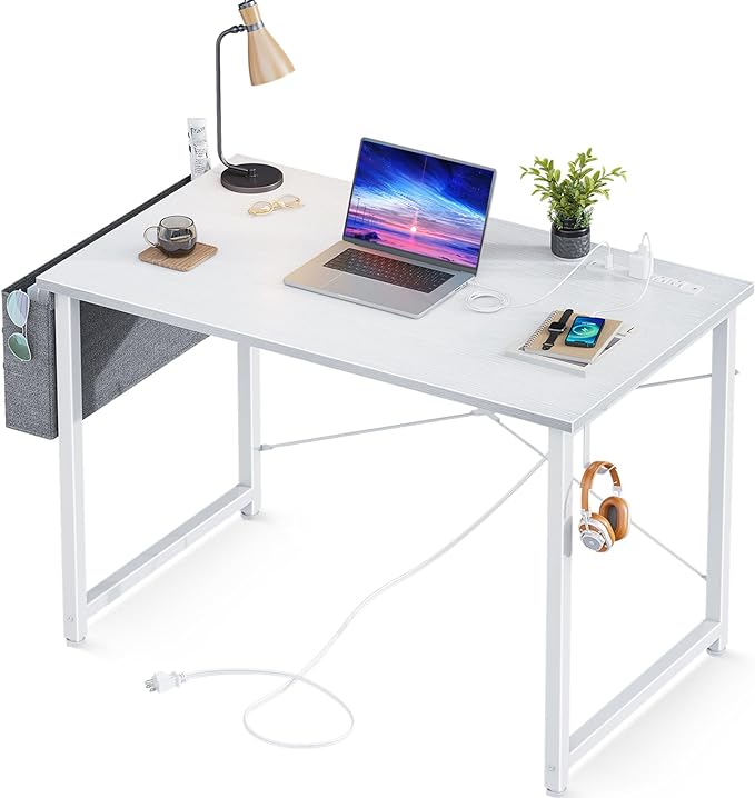 AODK 32 inch Small Computer Desk with Power Outlet for Small Spaces Home Office Student Laptop PC Writing Desks with Storage Bag Headphone Hook, White - LeafyLoom