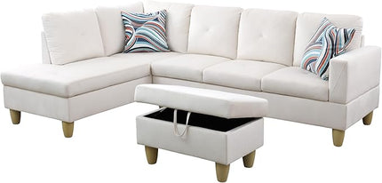 L-Shaped Sectional Couches with 66.5'' Chaise Lounge & Storage Ottoman Modular Room Sofas for Home Office Apartment, Large Living Furniture, 97'' Left Hand Facing, White Flannel - LeafyLoom