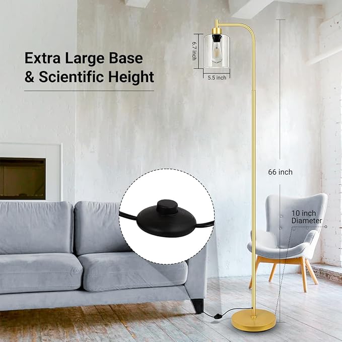 Gold Floor Lamp, Standing Lamp with Glass Lampshade, 6W LED Bulb Included, Modern Floor Lamp with Foot Switch, Industrial Floor Lamp, Bright LED Floor Lamp for Living Room and Bedroom, Office - LeafyLoom