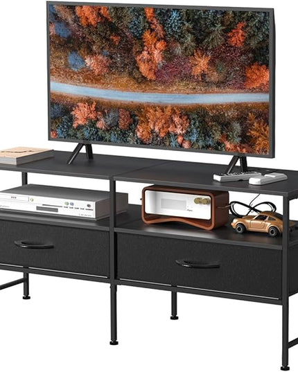 HEOMU Industrial TV Stand for 50 Inch Television Cabinet 3-Tier Console Table with Fabric Drawer, Entertainment Center Media Console Metal Frame for Living Room, Bedroom, Black - LeafyLoom