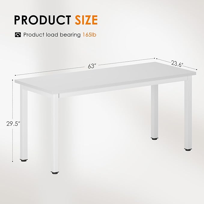 DlandHome 63 inches X-Large Computer Desk, Composite Wood Board School Desk, Decent and Steady Home Office Desk/Workstation/Table, BS1-160WW, White and White Legs, 1 Pack - LeafyLoom